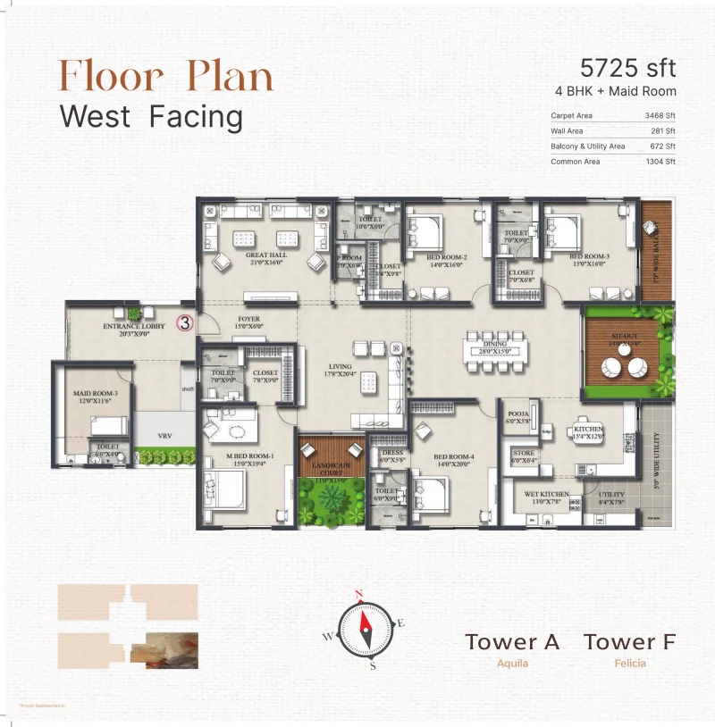 4 BHK plus maid room 5,725 sq ft corner floor plan (Towers Aquila and Felicia) at Rajapushpa Infina, Manchirevula, Hyderabad